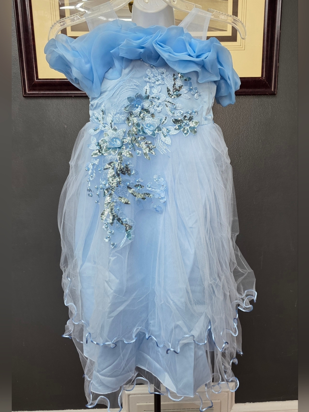 Light Blue Ruffled Floral Tulle Party Dress